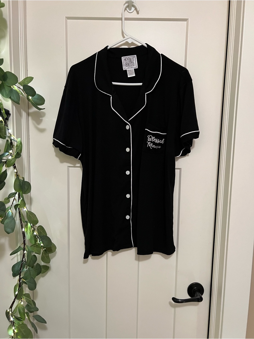 Black Button-Up Pajama Top with White Piping - "Blessed Mama" Pocket With bottom